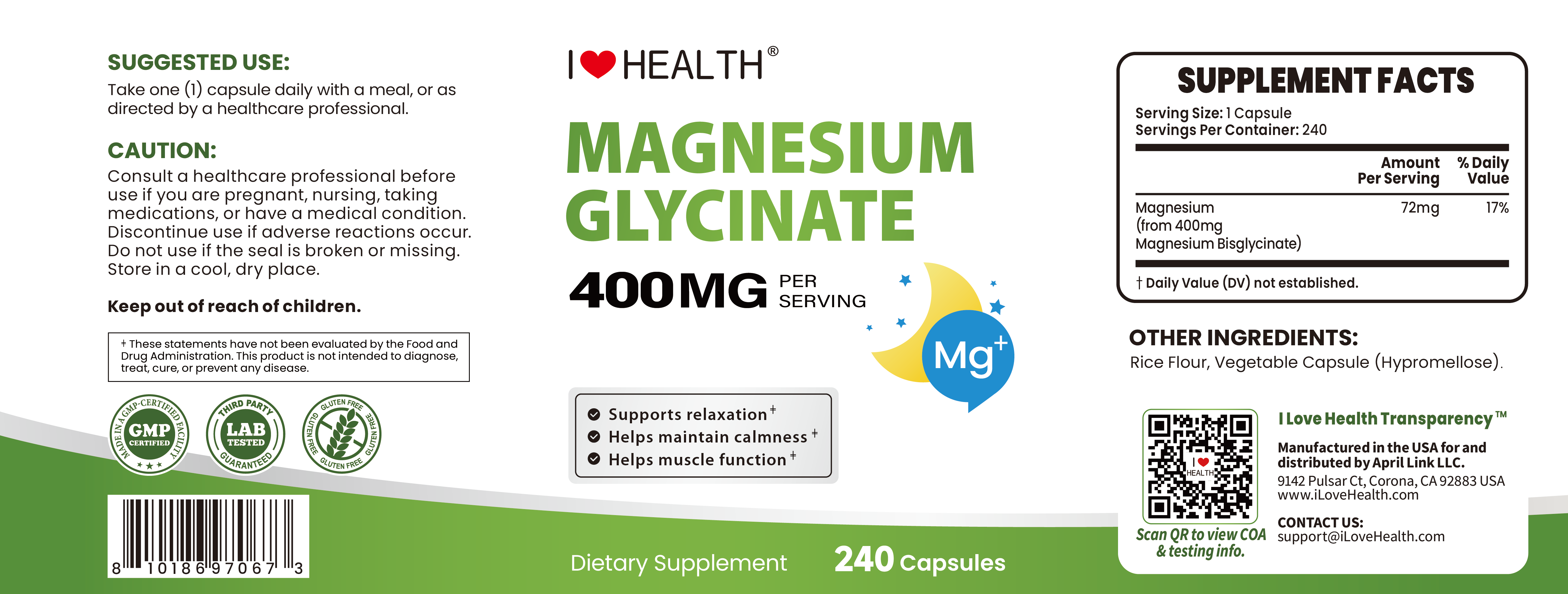 Magnesium Glycinate  – 240 Capsules – High Absorption Magnesium Supplement  – Gentle on Stomach – Made in USA